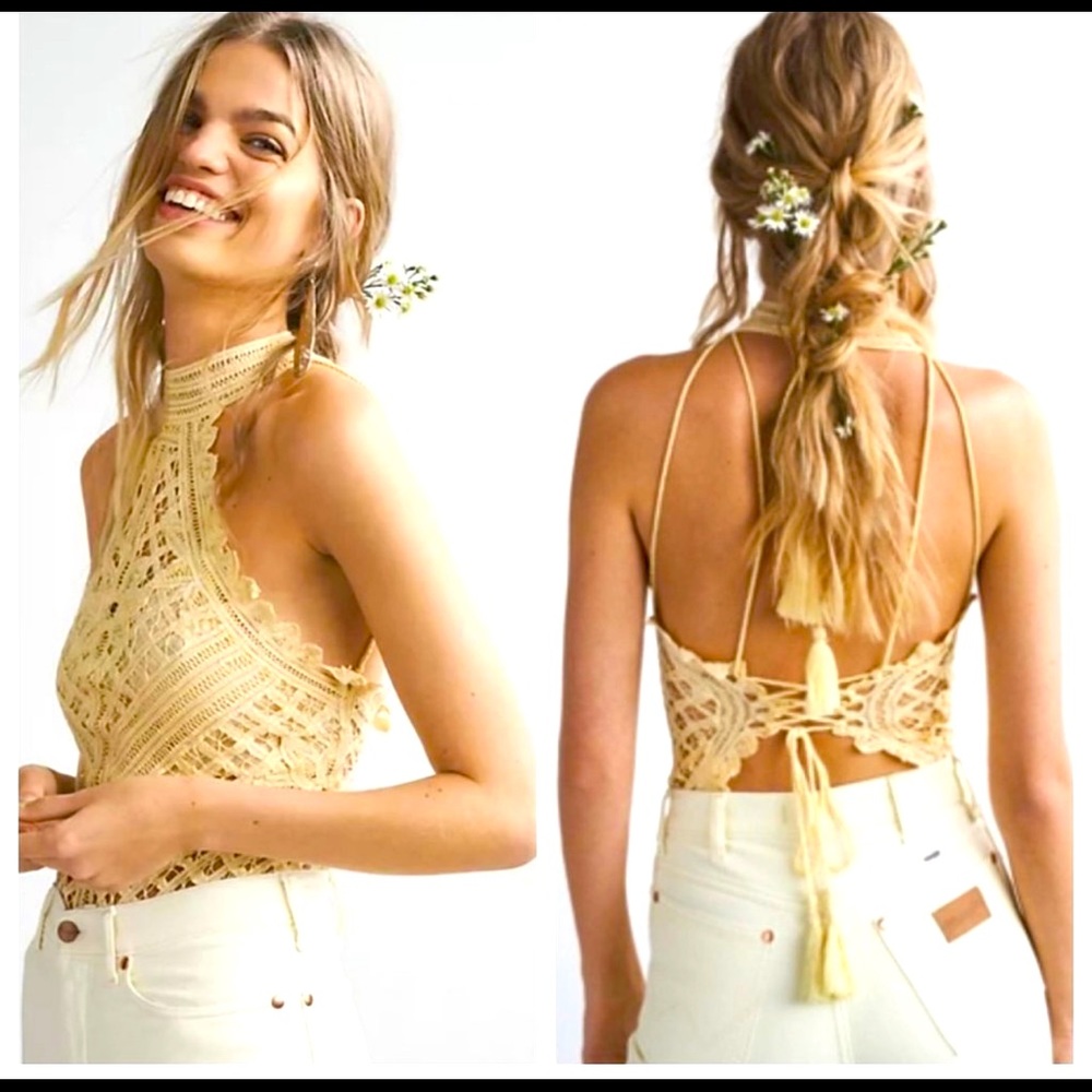 NWT - FREE PEOPLE - Be my Battenburg, lace bodysuit, in vintage lemon.